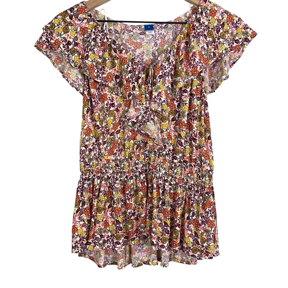 Old Navy Womens Blouse Size Small Ditzy Floral Smocked Waist Ruffle Boho Peasant - Picture 1 of 12